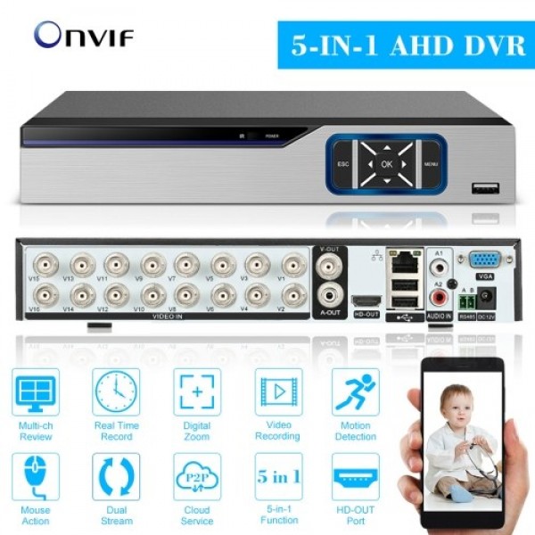 1080P Full High Definition 16-Channel Hybrid Digital Video Recorder, 4-in-1 DVR Security Recorder for Security Camera, Without H