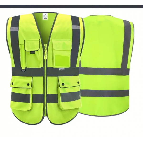 High Visibility Reflective Safety Vest With 8 Pcoekts And Zipper,Meets ANSI/ISEA Standard
